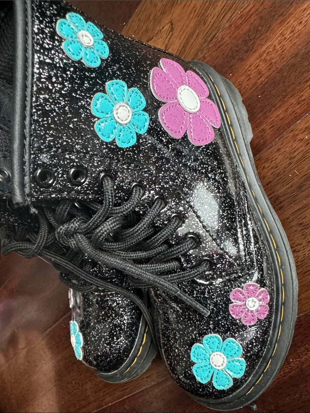 Dr. Martens Black Glitter Flower Lace-Up Boots